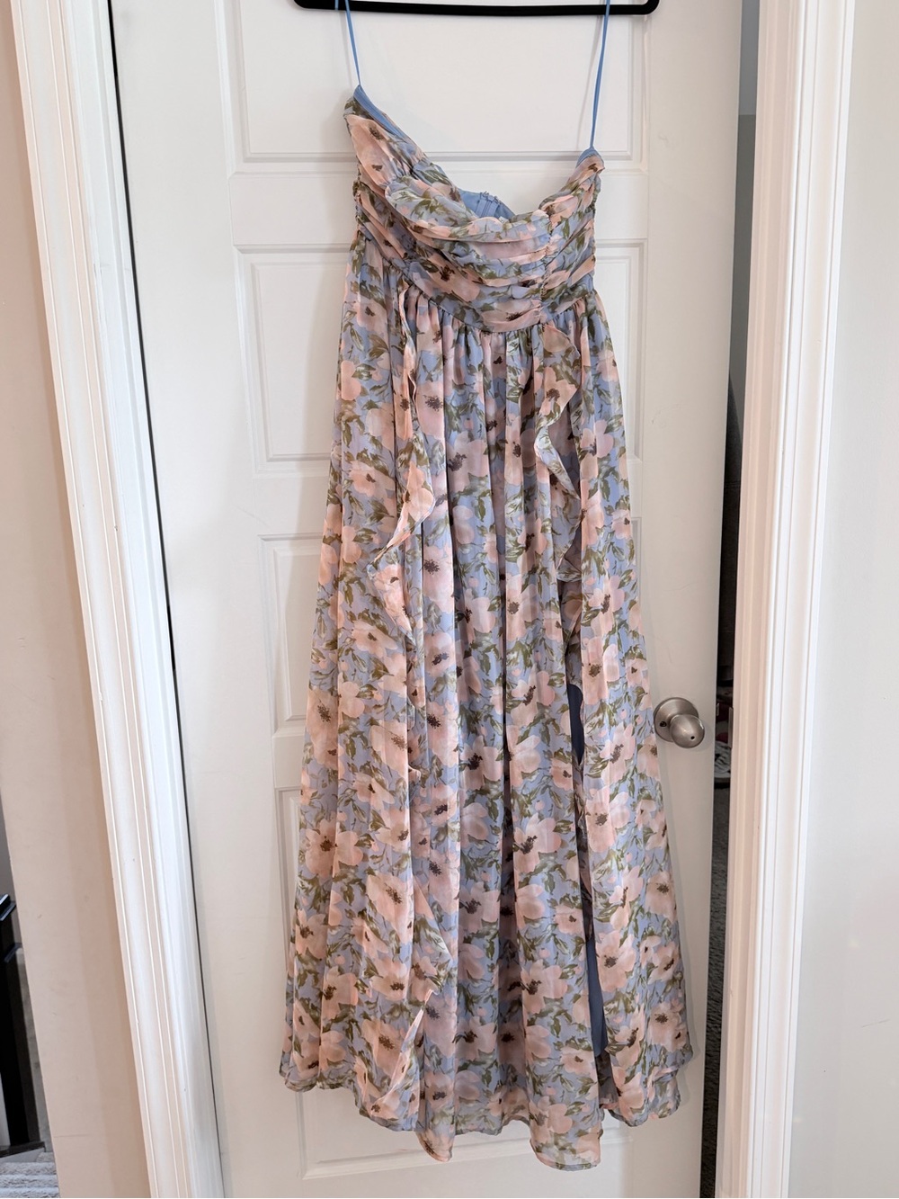 Fashion Nova Strapless Floral Maxi Dress in Light Blue and Blush